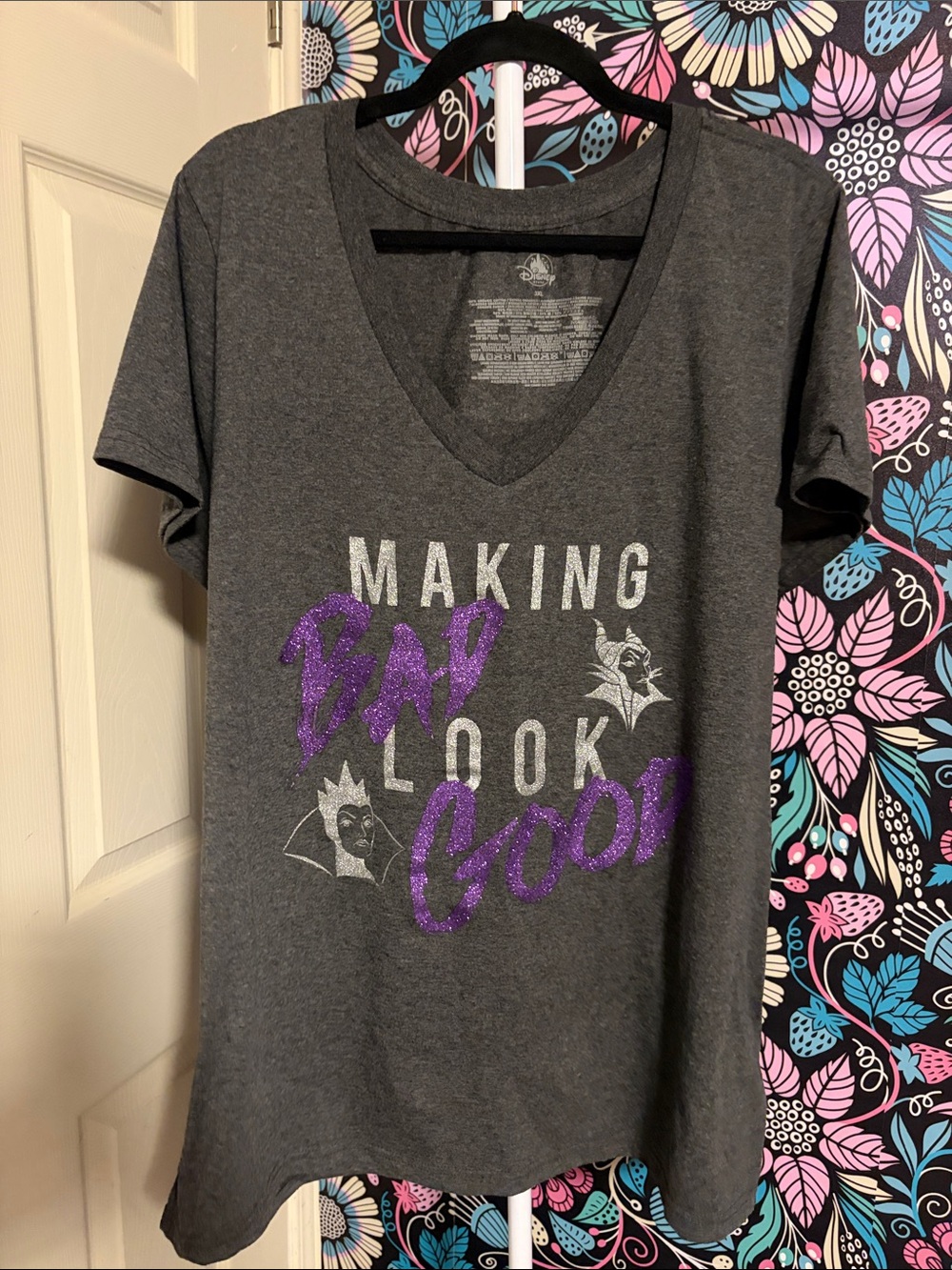 Disney Dark Gray V-Neck Tee with Purple Glitter Script